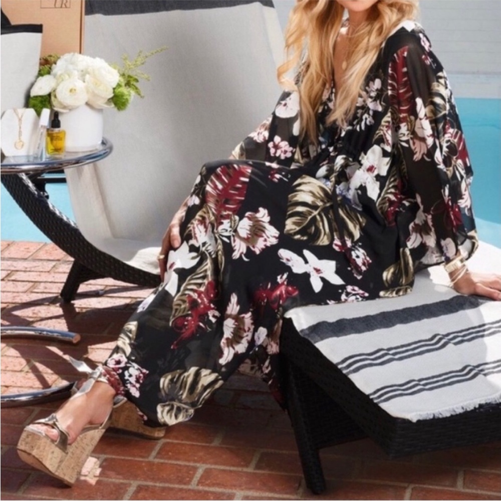 NWT Walter Baker Tulum Multicolor Floral caftan swim coverup kimono tie front - Picture 2 of 9